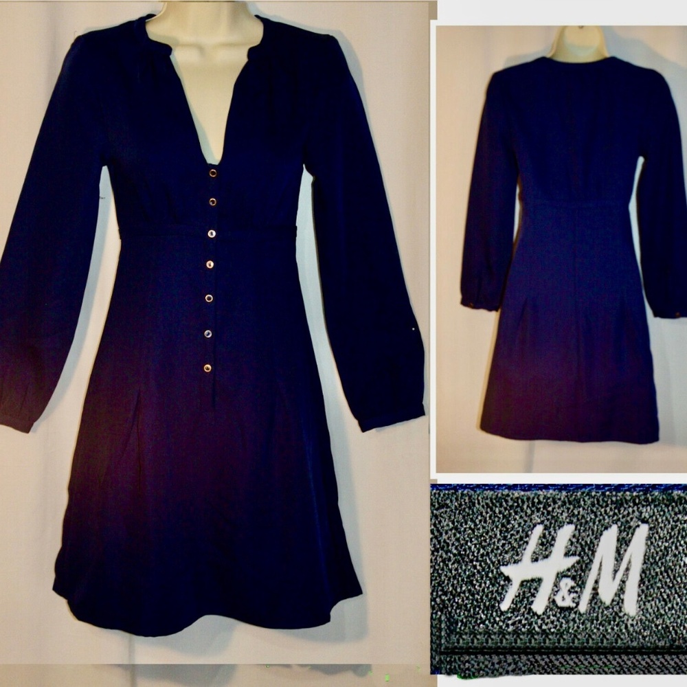 3/$32 Vtg Y2K H&M Navy Blue Plunge Neck Empire Waist Long Sleeve Mini Dress~Sz 2